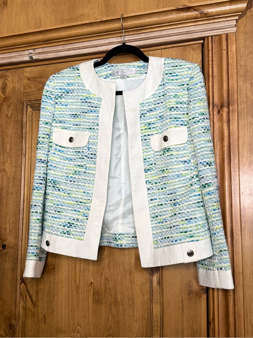 Tahari Arthur S. Levine Petite Blue Green Tweed Bouclé Jacket Blazer 8P